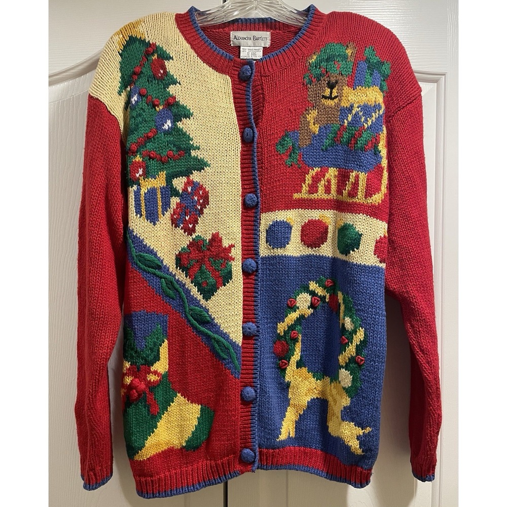 VTG Alexandra Bartlett Cardigan Sweater Women's M Red Grandma Christmas Tree 90s